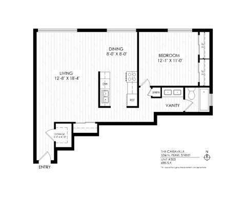 A black and white image of a floor plan for a one bedroom apartment.